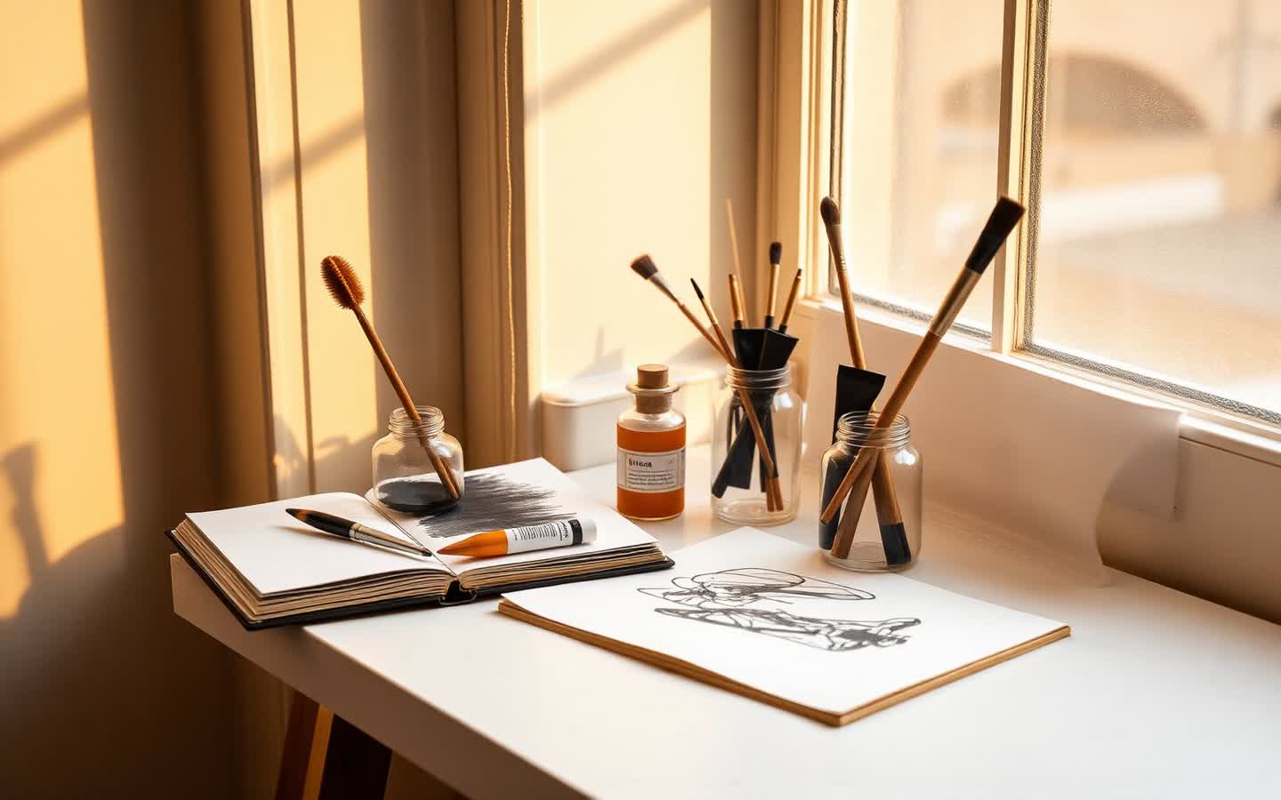 Sunlit studio desk with paintbrushes in glass jars, an open sketchbook and a pencil drawing on a drawing board — Art & Craft at DUAA Academy