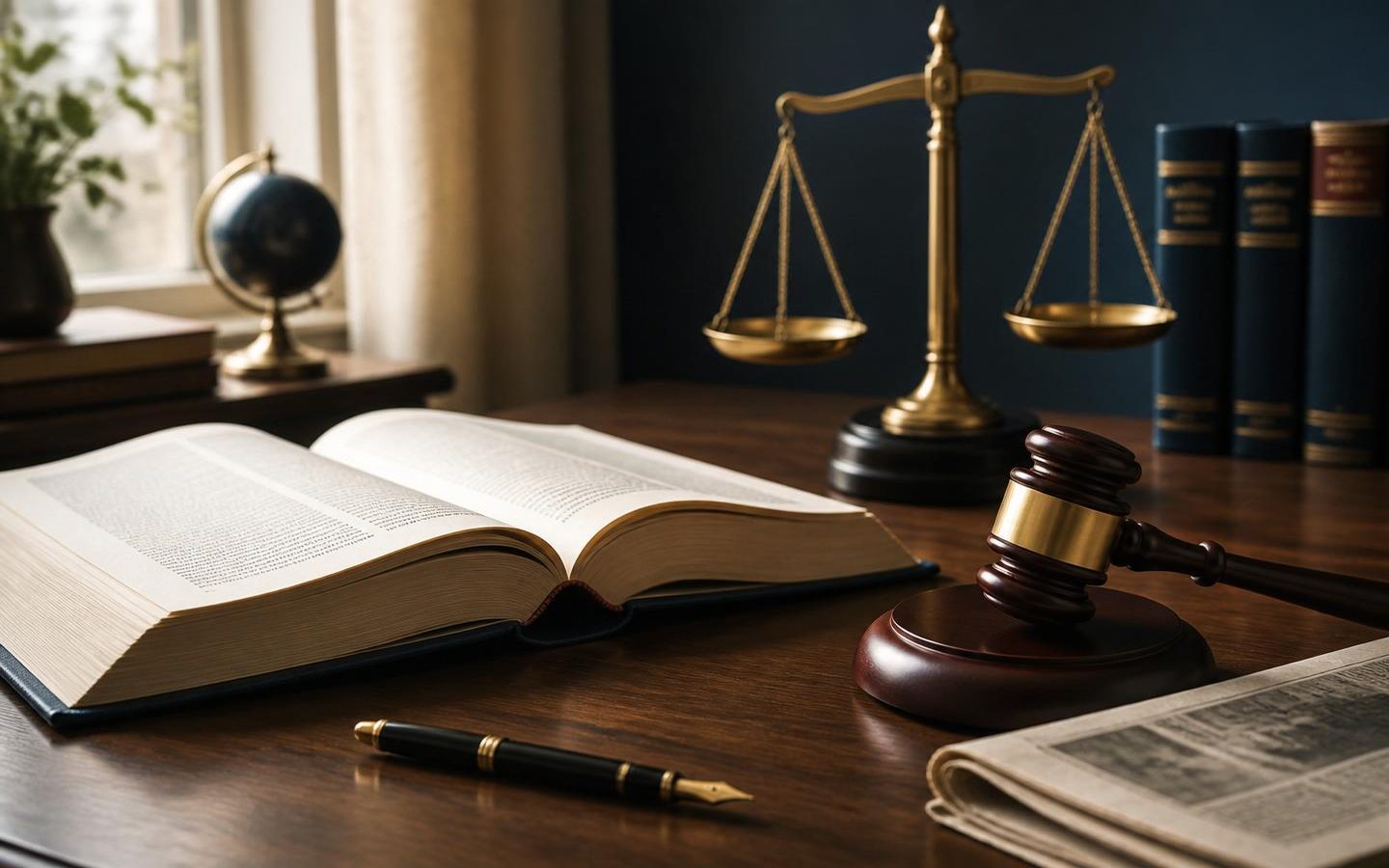 Open law textbook on a dark desk with brass scales of justice, a wooden gavel, a fountain pen and a folded newspaper — CLAT at DUAA Academy
