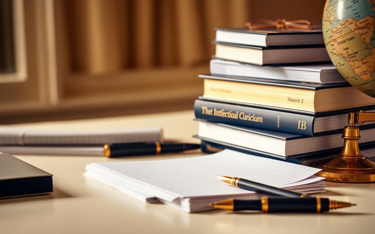 Stack of curriculum textbooks beside a globe, a fountain pen and blank lined paper on a study desk — IG, IB & A Levels at DUAA Academy