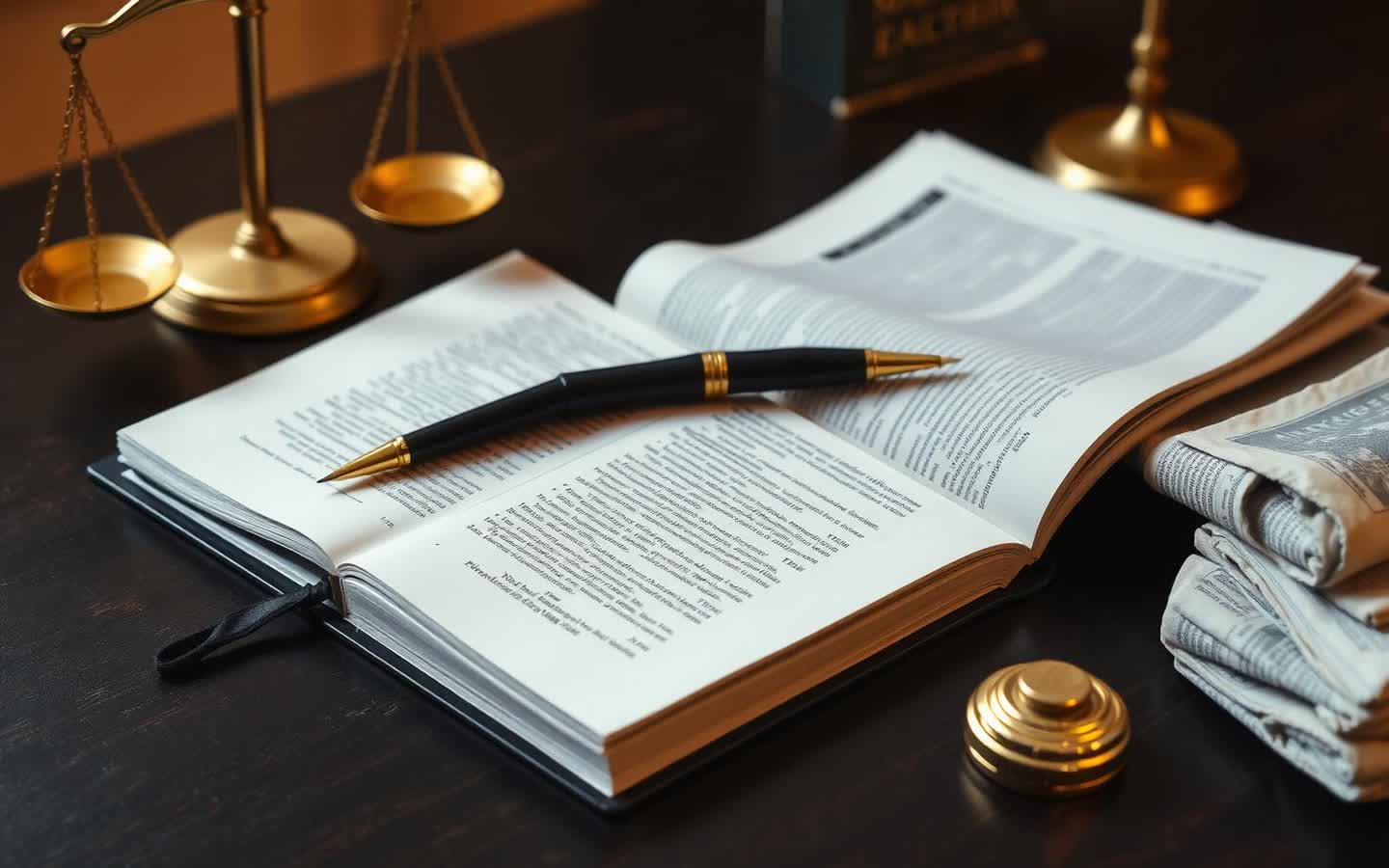 Open law textbook with a pen resting on the page, brass scales of justice and folded newspapers on a dark desk — MH Law CET at DUAA Academy