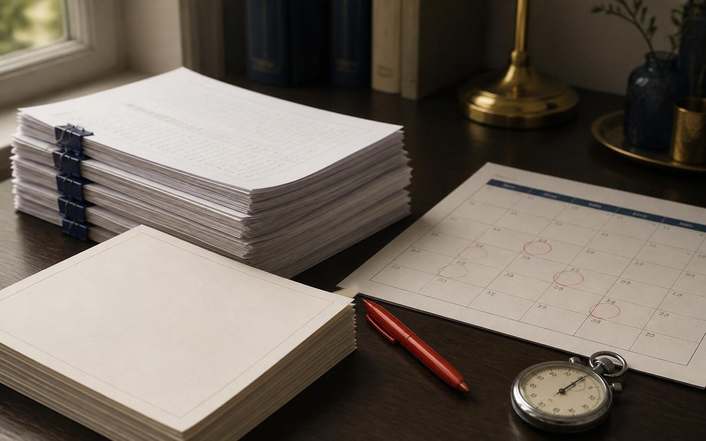 Clipped stacks of printed test papers and blank answer booklets beside a red marking pen, a wall planner and a stopwatch — Test Paper Series at DUAA Academy
