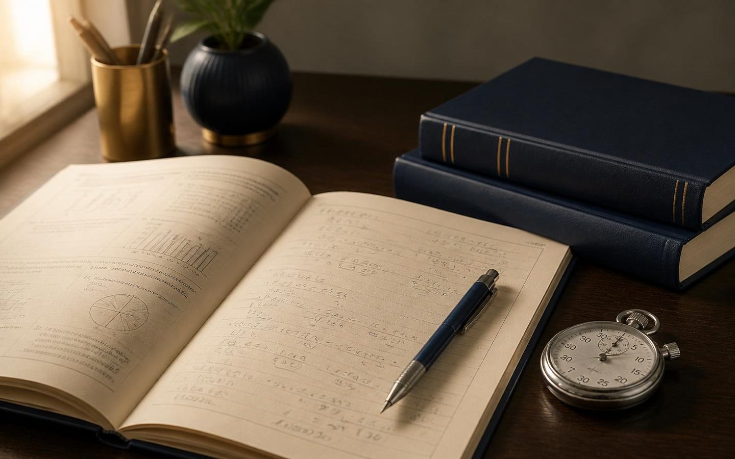 Open aptitude workbook with handwritten calculations and a pencil, beside two navy hardbacks and a silver stopwatch — IPMAT (Indore & Rohtak) at DUAA Academy