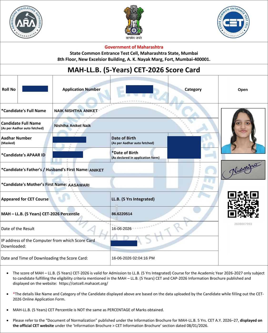 Official LAW CET 2026 score card issued to Nishtha Aniket Naik by the State Common Entrance Test Cell, with personal identifiers redacted.