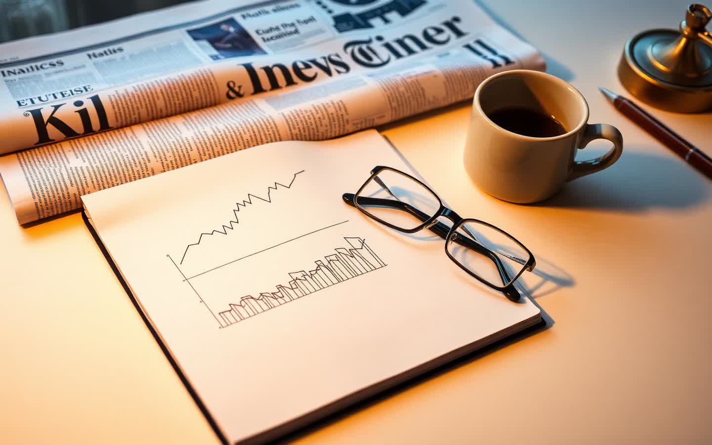 Notebook showing hand-drawn market graphs next to folded newspapers, reading glasses and a cup of coffee — Economics, Business & Media Studies at DUAA Academy