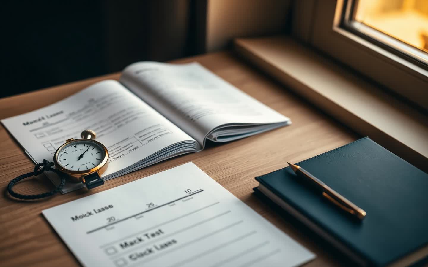 Open mock-test paper and answer sheet on a desk with a stopwatch, a pen and a notebook by a window — MAH CET at DUAA Academy
