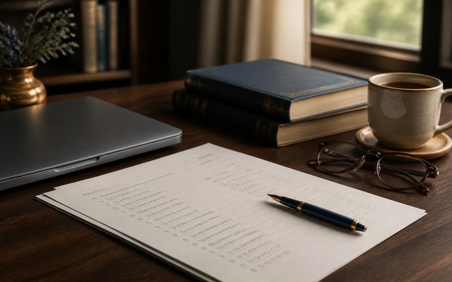 Printed multiple-choice practice paper with a fountain pen on a desk, beside a closed laptop, reading glasses and coffee — NPAT at DUAA Academy