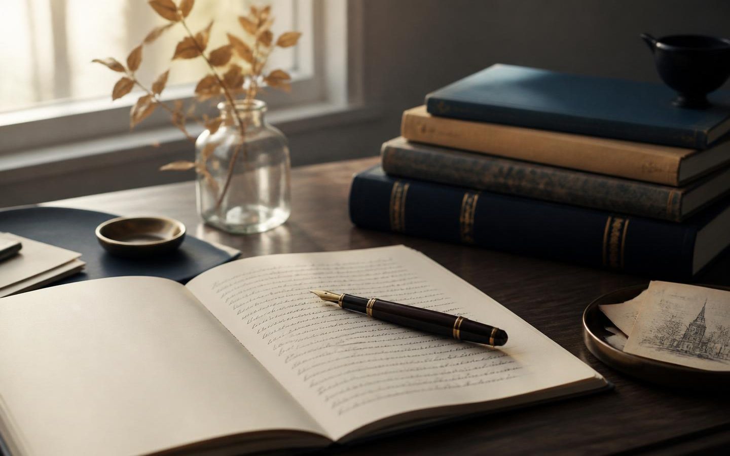 Open notebook with a handwritten essay draft and a fountain pen beside a stack of books and dried leaves in a glass jar — FLAME at DUAA Academy