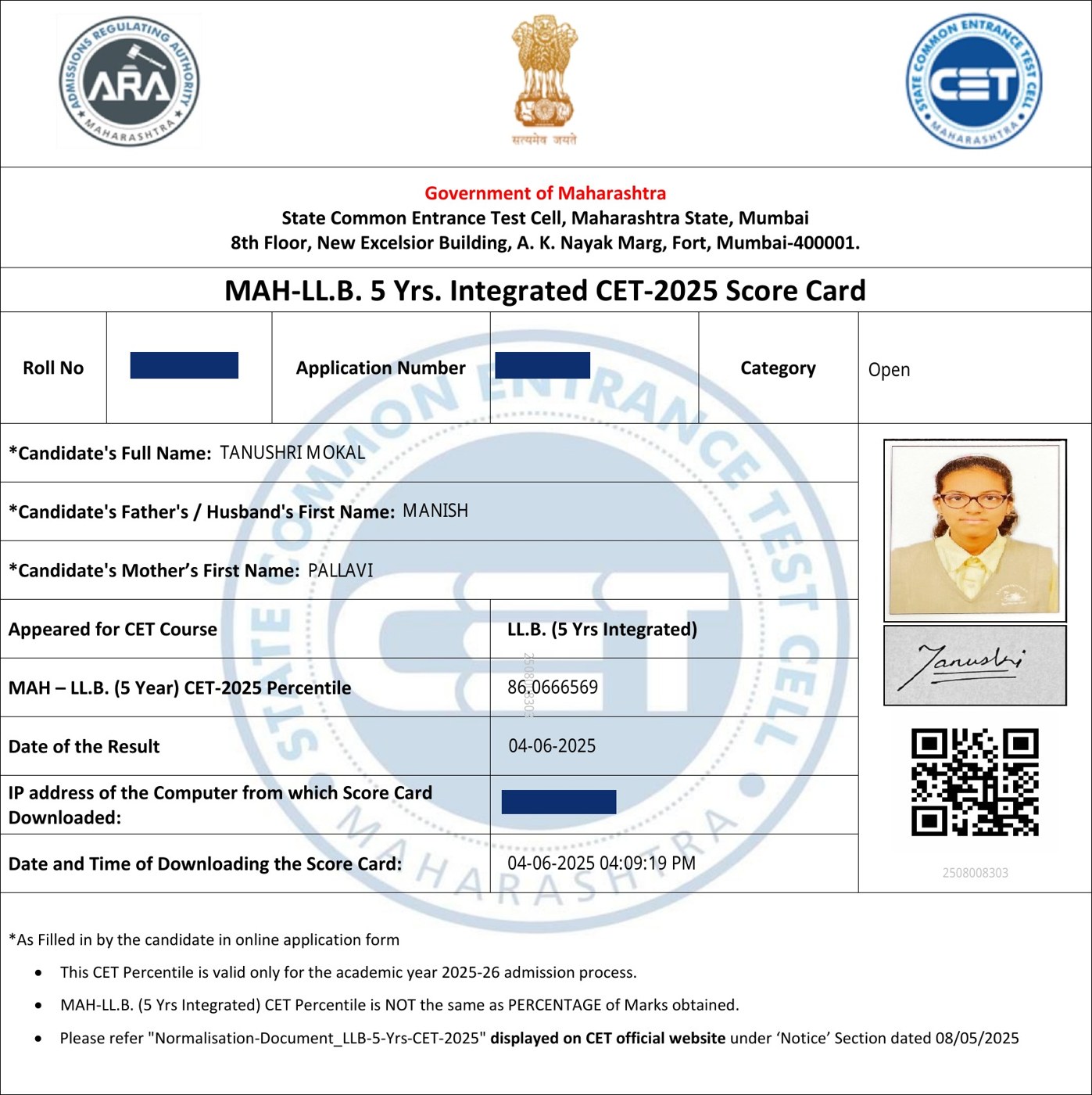 Official LAW CET 2025 score card issued to Tanushri Mokal by the State Common Entrance Test Cell, with personal identifiers redacted.