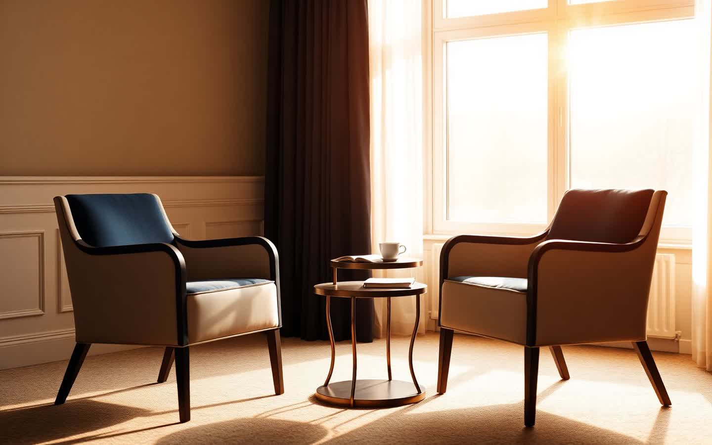 Two facing armchairs beside a small wooden table with a cup of tea, in a calm room lit by a bright window — Personal & Academic Counselling at DUAA Academy